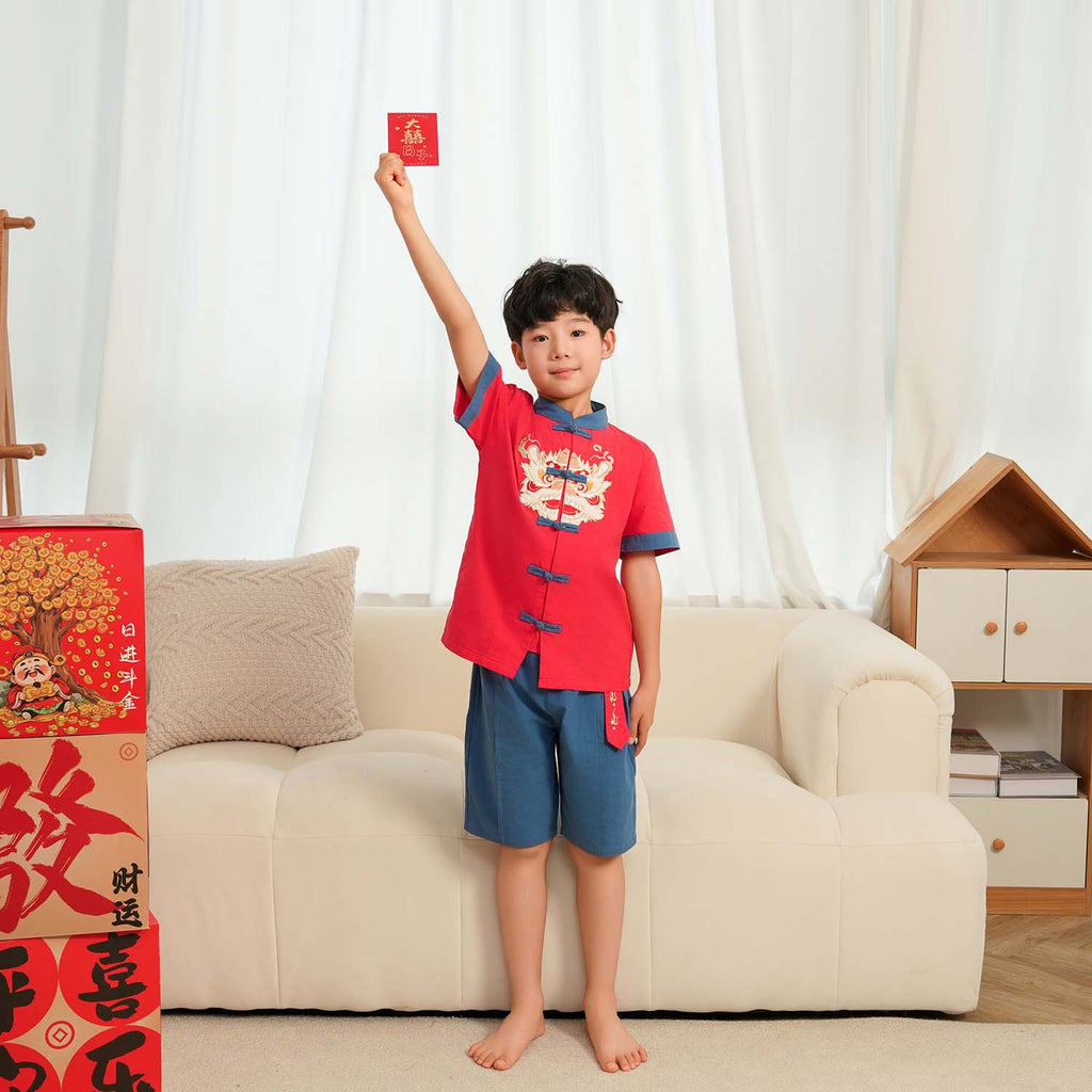 Singapore Souvenir Gift Dancing Lion Baby Kids Boys Cheongsam Set Red Top n Blue Shorts CNY Chinese New Year Outfit 0838 - Little Kooma