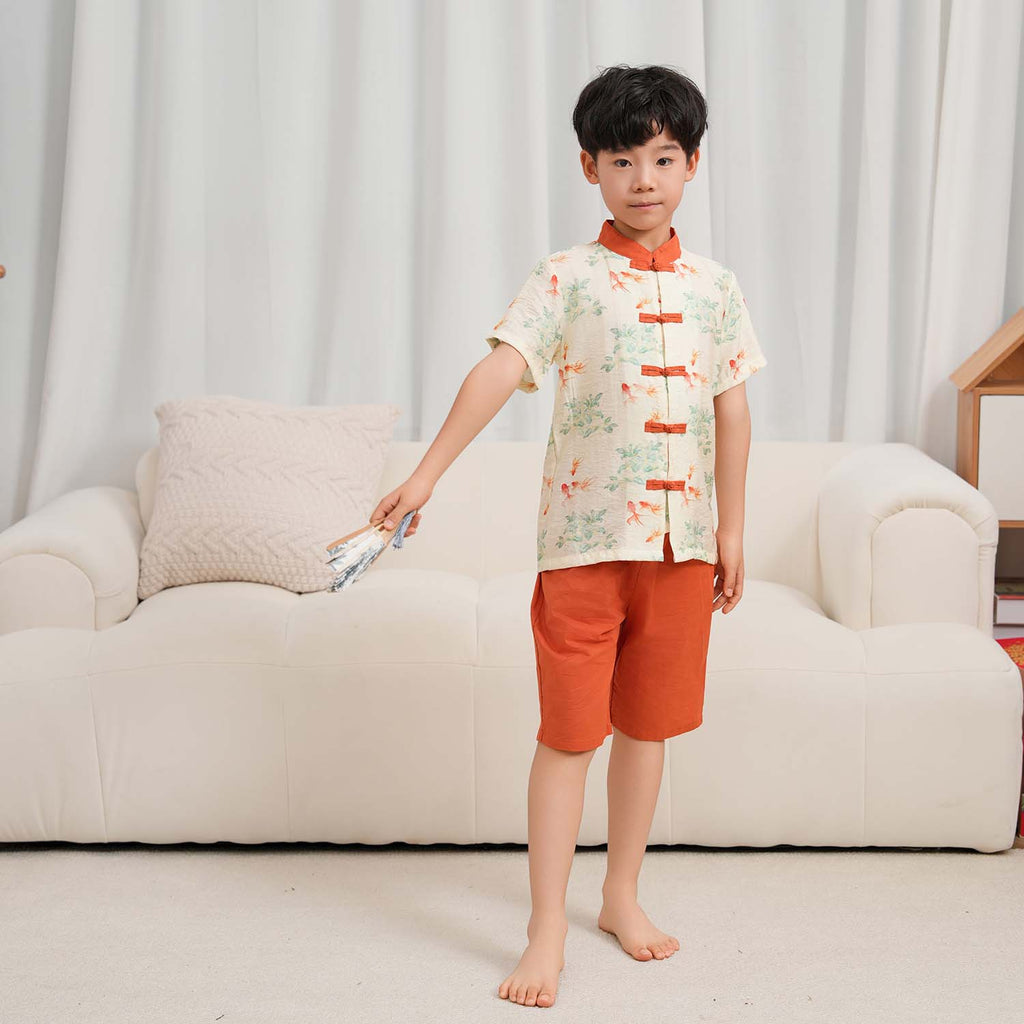 Singapore Souvenir Gift Fortune Bloom Family Set with Golden Fish Baby Kids Boys Cheongsam Set Top n Shorts CNY Chinese New Year Outfit 0829 - Little Kooma