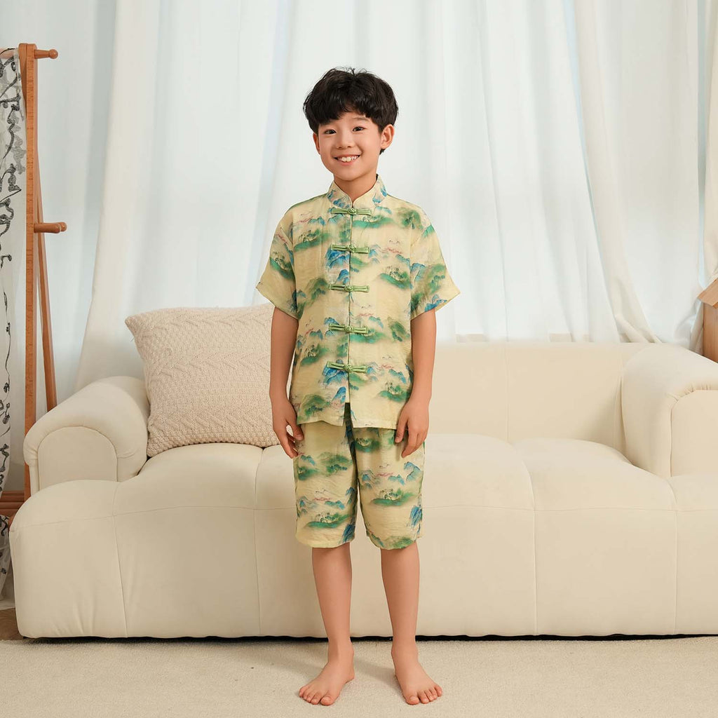Singapore Souvenir Gift Chinese Landscape Painting Mountains Trees Baby Kids Boys Cheongsam Set Top n Shorts CNY Chinese New Year Outfit 0836 - Little Kooma