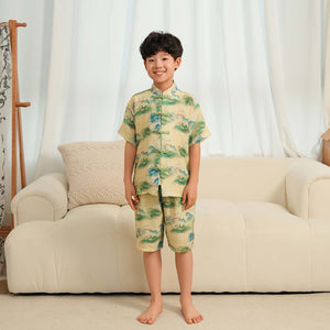Singapore Souvenir Gift Chinese Landscape Painting Mountains Trees Baby Kids Boys Cheongsam Set Top n Shorts CNY Chinese New Year Outfit 0836 - Little Kooma