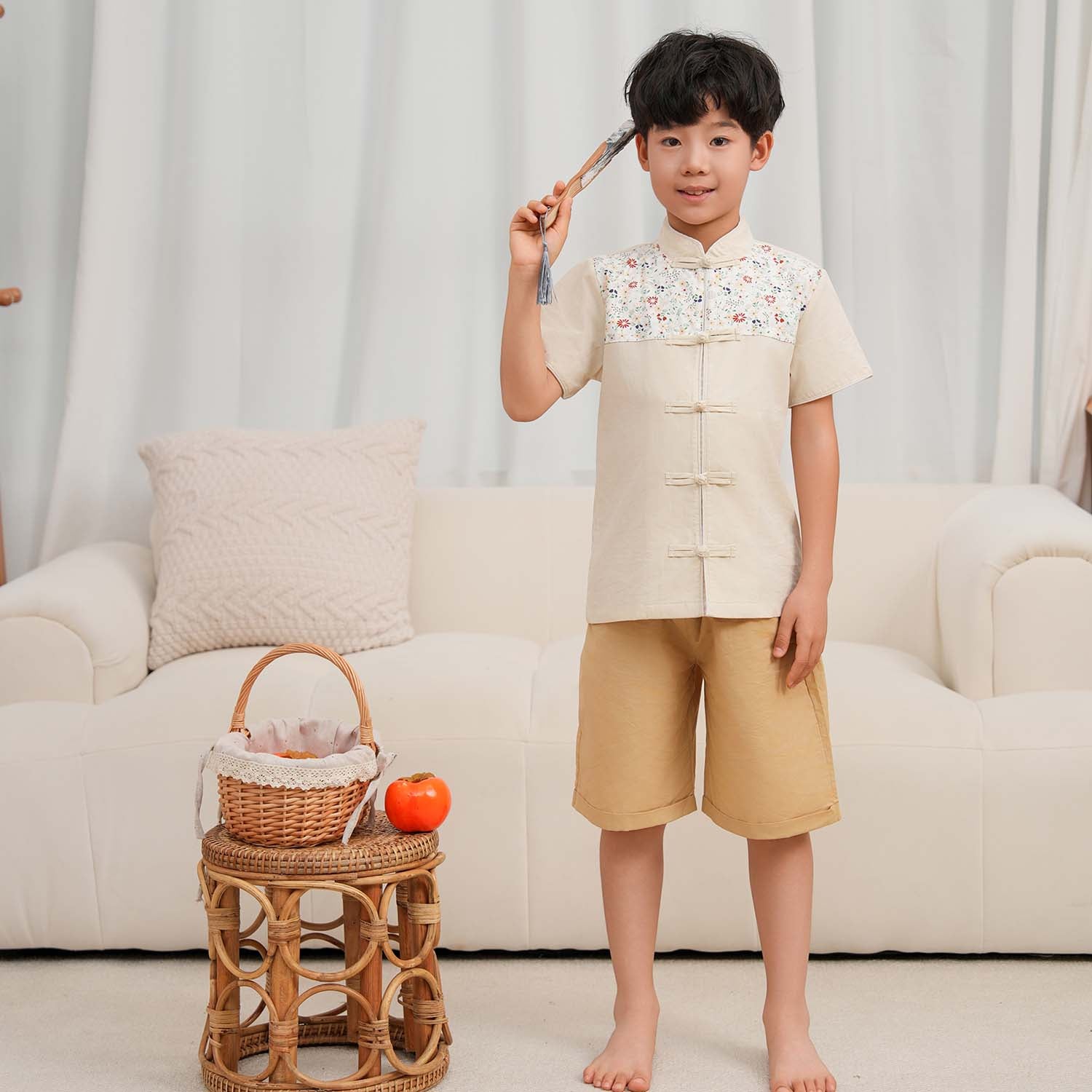 Singapore Souvenir Gift Blossom Harmony Collection Baby Kids Boys Beige Cheongsam Set Little Flower Prints Top n Shorts CNY Chinese New Year Outfit 0819 - Little Kooma