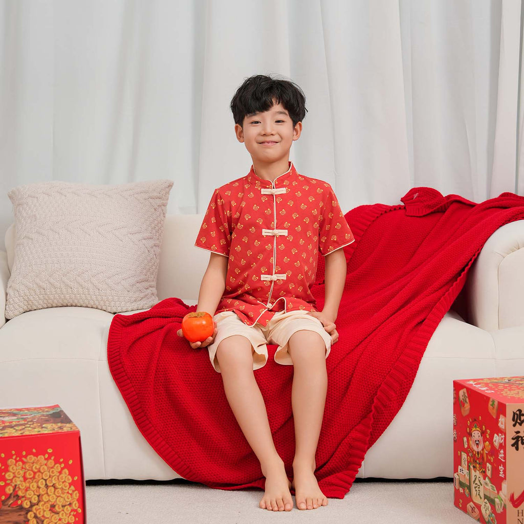 Singapore Souvenir Gift Blessing and Joy Family Set with Lucky Fu Characters Baby Kids Boys Cheongsam Set Top n Shorts CNY Chinese New Year Outfit 0832 - Little Kooma