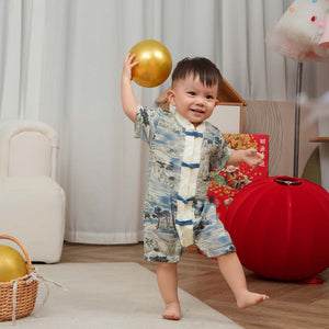 Singapore Souvenir Gift Chinese Landscape Painting Mountains Trees Houses Baby Boy Cheongsam Romper 0840 - Little Kooma
