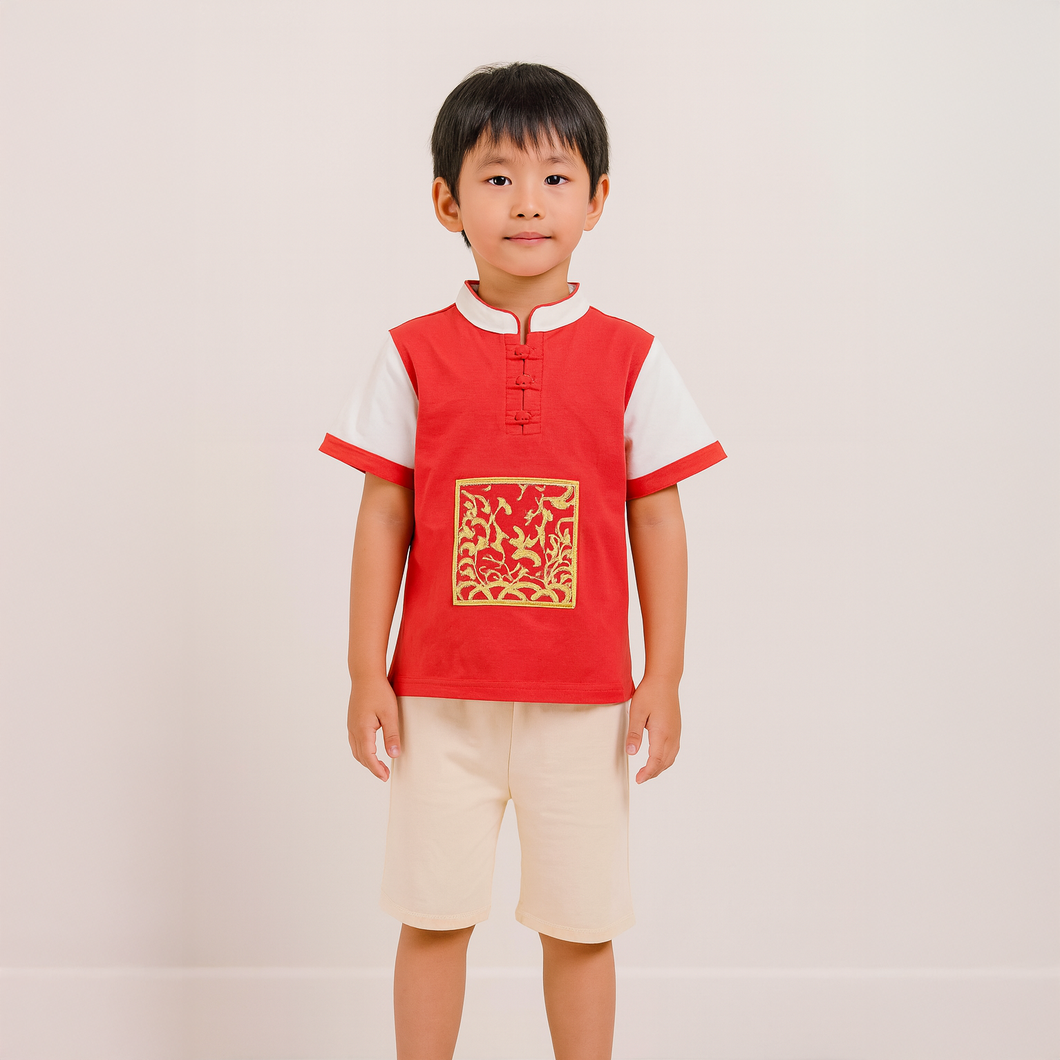 Singapore Souvenir Gift Majestic Phoenix Cheongsam Symbol of Power and Renewal Baby Kids Boys Cheongsam Set Top n Shorts CNY Chinese New Year Outfit 0837