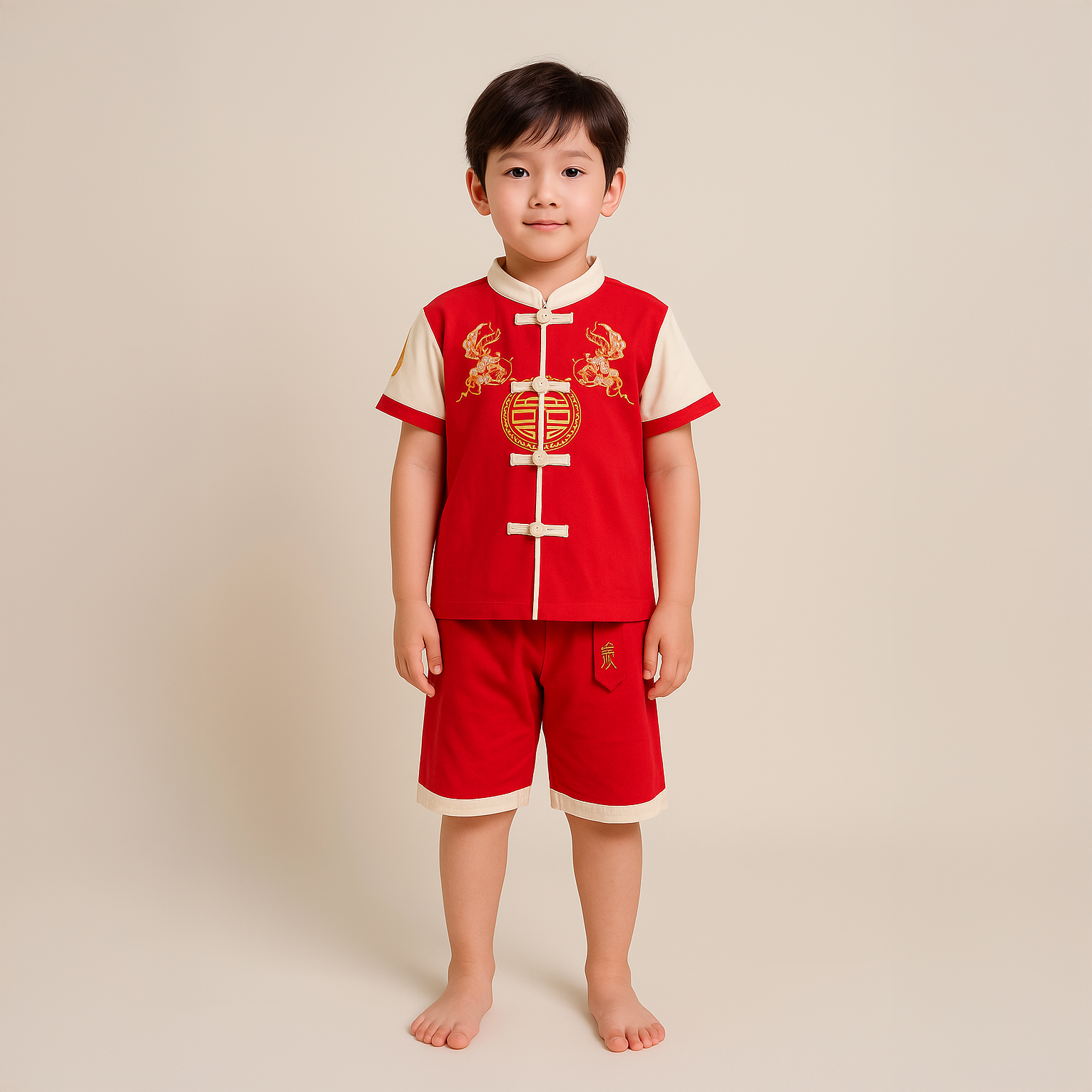 Singapore Souvenir Gift Wealth and Harmony Red Family Set with Golden Fish Embroidery Baby Kids Boys Cheongsam Set Top n Shorts CNY Chinese New Year Outfit 0835