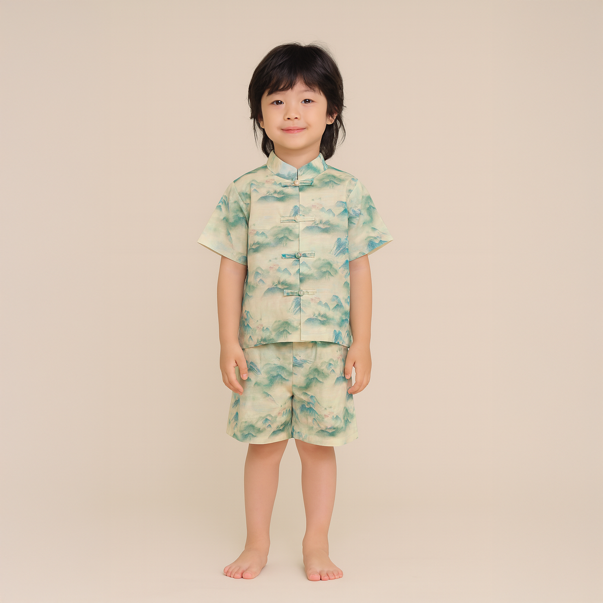 Singapore Souvenir Gift Chinese Landscape Painting Mountains Trees Baby Kids Boys Cheongsam Set Top n Shorts CNY Chinese New Year Outfit 0836