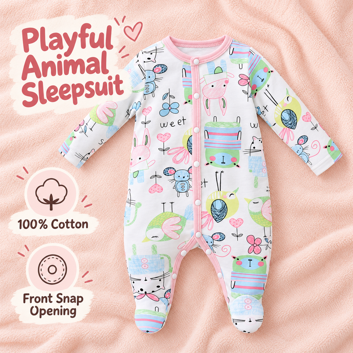 White pastel animal-print cotton footed baby sleepsuit with pink front popper trim