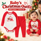 Baby Christmas cotton two-piece set with Santa print bodysuit and red pants, shown with a baby in a Christmas setting