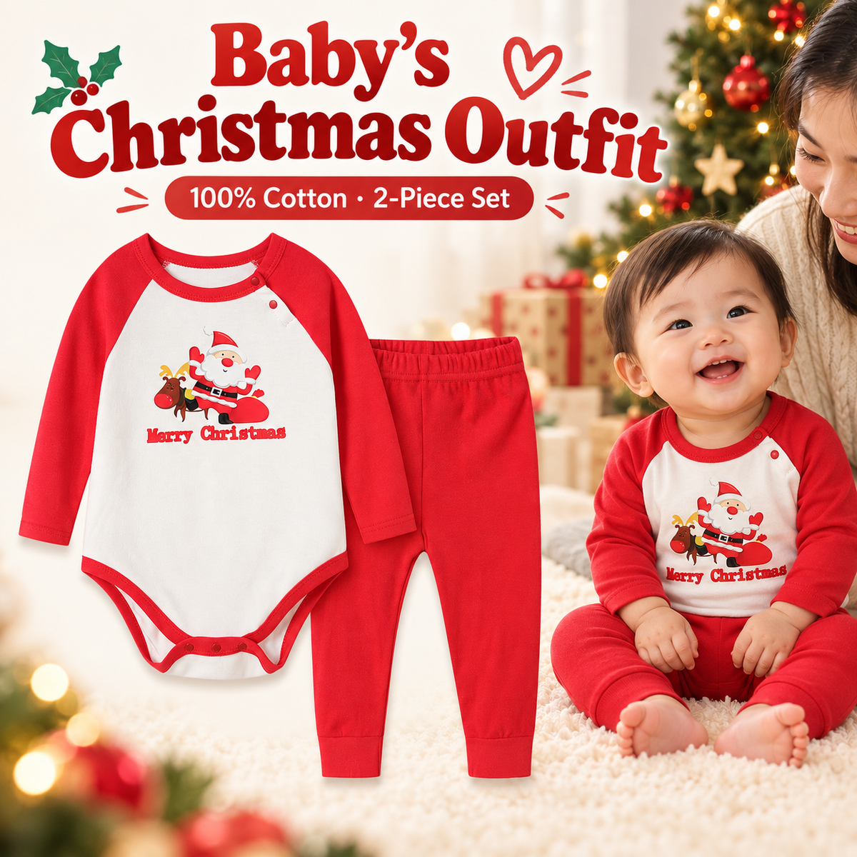 Baby Christmas cotton two-piece set with Santa print bodysuit and red pants, shown with a baby in a Christmas setting