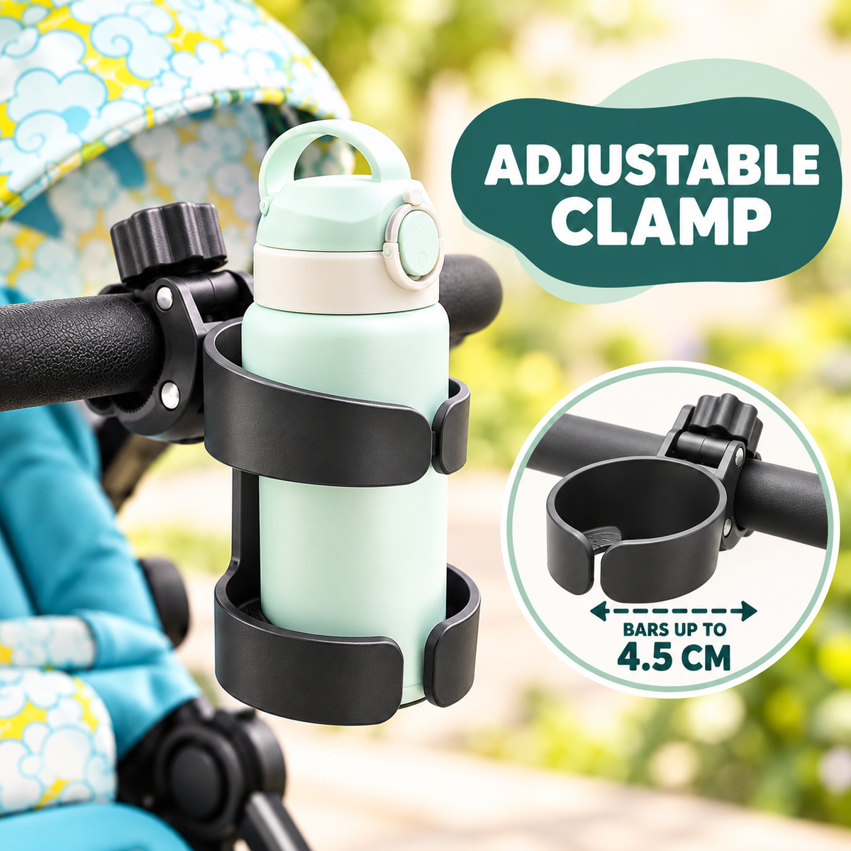 Little Kooma black adjustable stroller cup holder enhanced cover