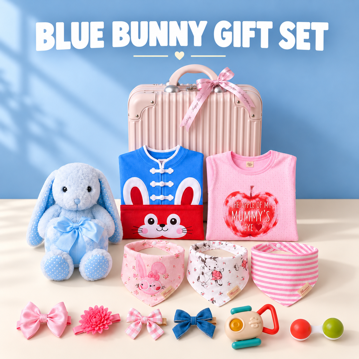 Blue Bunny baby gift set with pink suitcase, blue bunny plush, baby outfits, bibs, headwraps and rattles