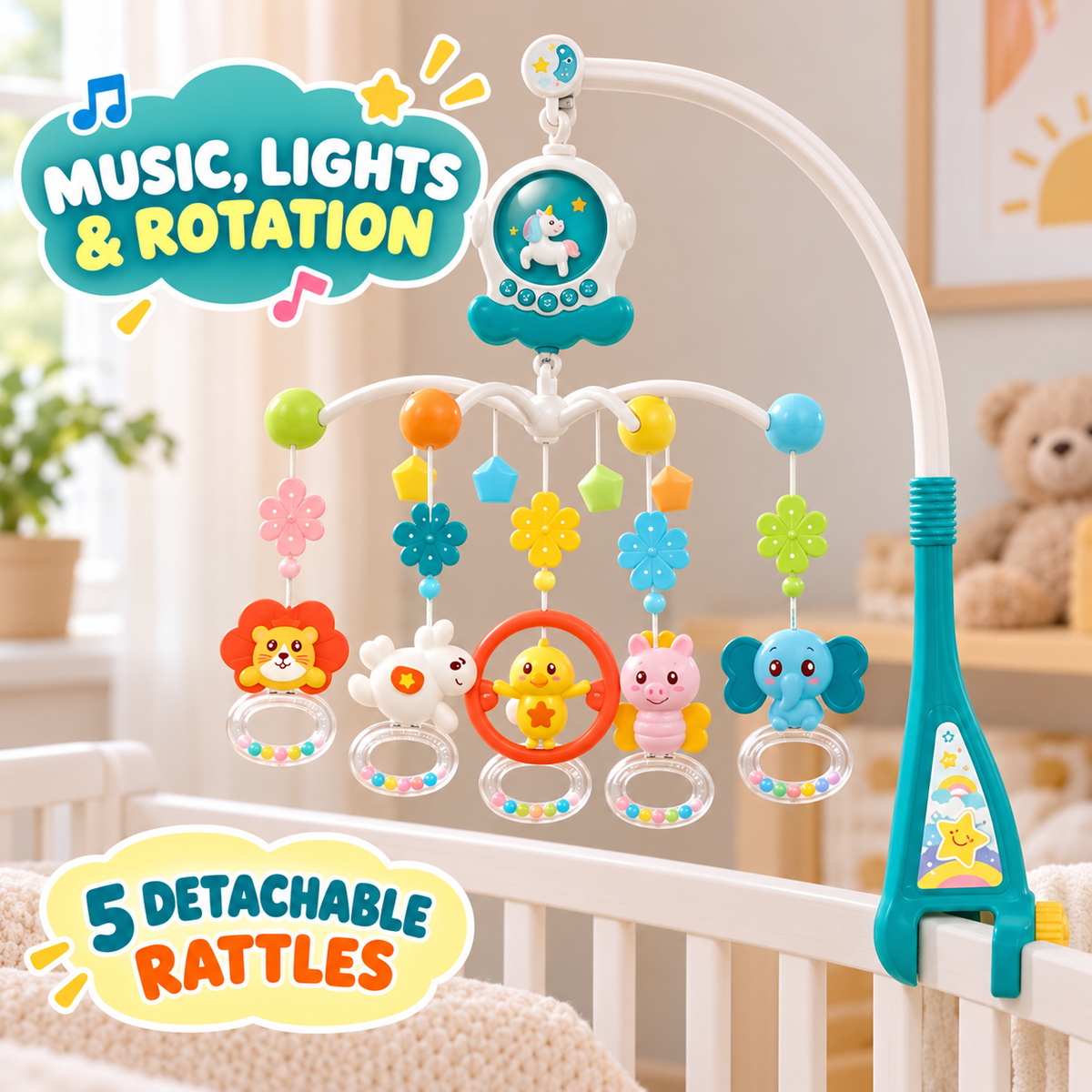 Little Kooma Candy Green musical crib mobile with lights, rotation and five detachable rattles