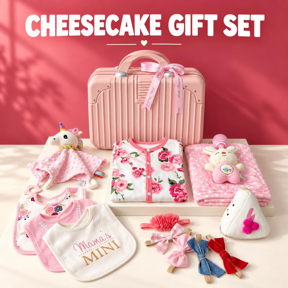 Cheesecake baby gift set with pink suitcase, floral sleepsuit, pink blanket, unicorn comforter, bibs, headwraps and cheesecake plush