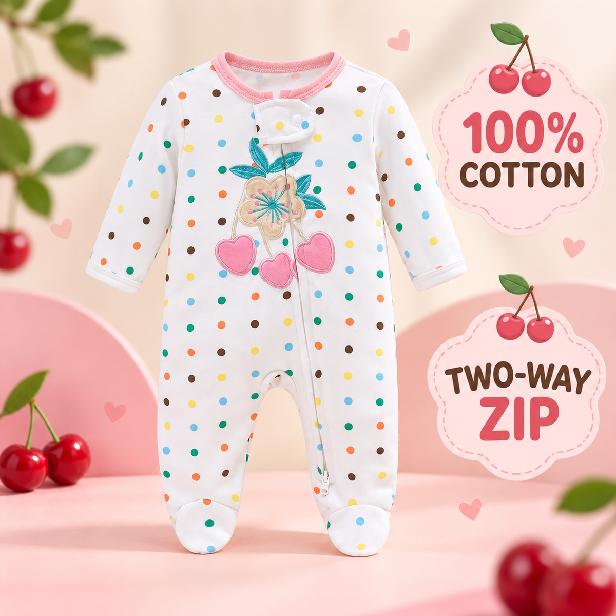Enhanced draft cover for baby cotton cherry polka-dot two-way zip sleepsuit