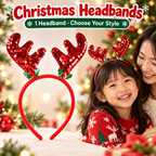 Single red sequin antler Christmas headband shown close-up and worn by a girl at a holiday family gathering