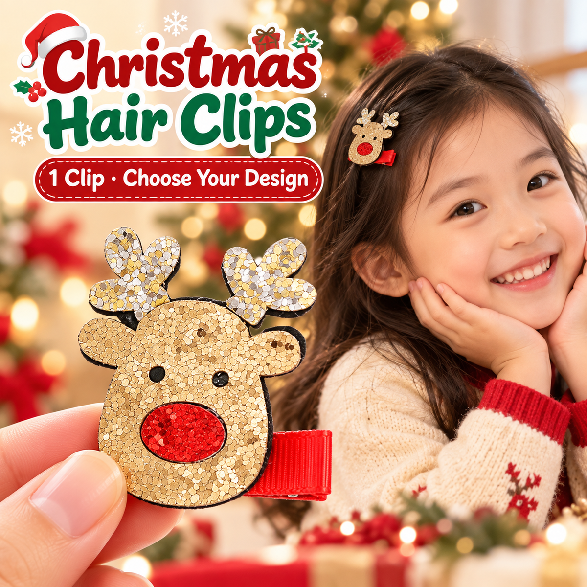 One gold glitter reindeer Christmas hair clip, with the same design worn by a girl at a Christmas gathering