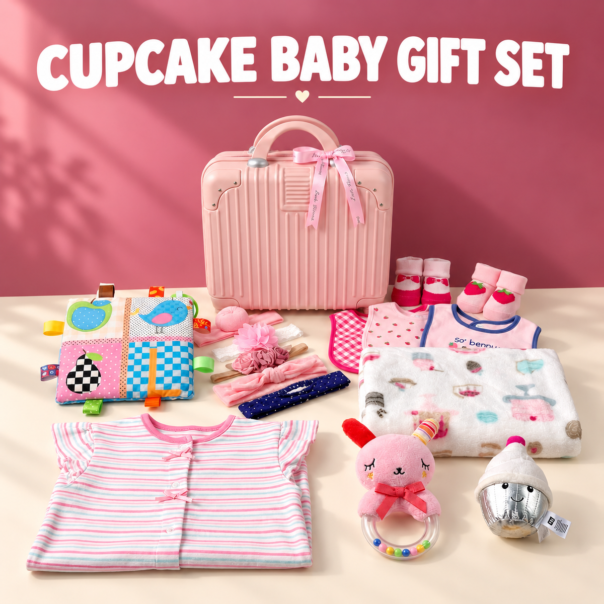 Cupcake baby gift set with pink suitcase, striped baby outfit, blanket, comforter, accessories and cupcake plush