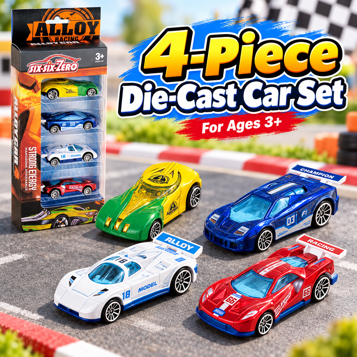 Four-piece die-cast car set variant 8651 with yellow-green, blue, white-blue, and red racing cars