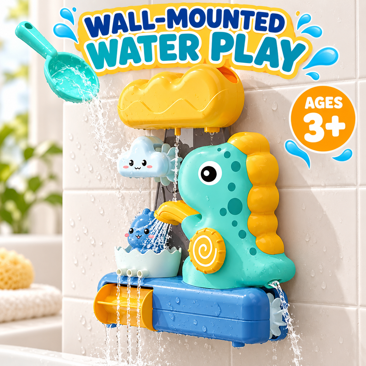 Little Kooma wall-mounted dinosaur water-play toy cover, ages 3 and up