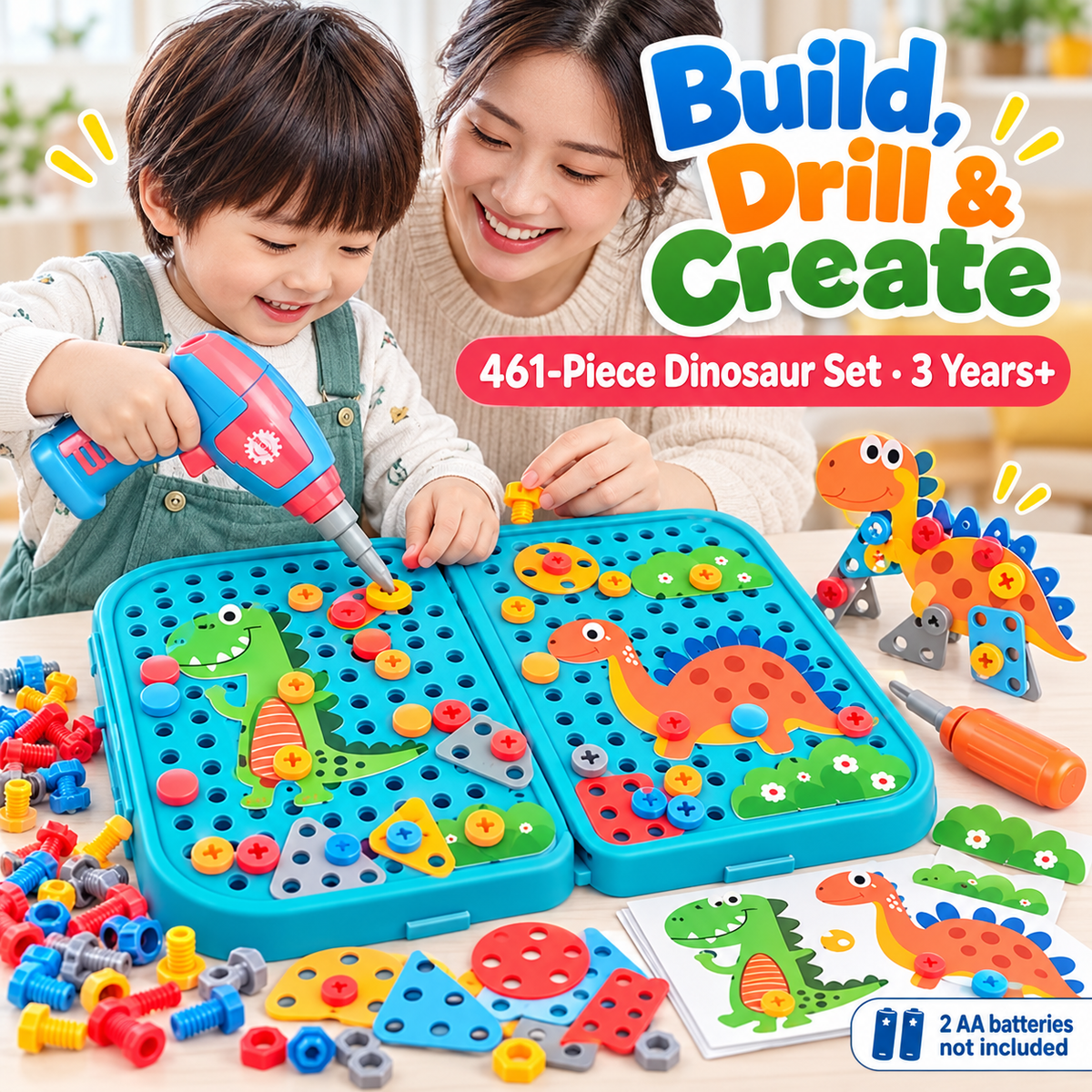 Dinosaur 461-piece toy drill construction set with colourful bolts and blue pegboard, used by a child with a parent