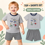 Enhanced review draft: grey dinosaur top and striped shorts two-piece 100% cotton set