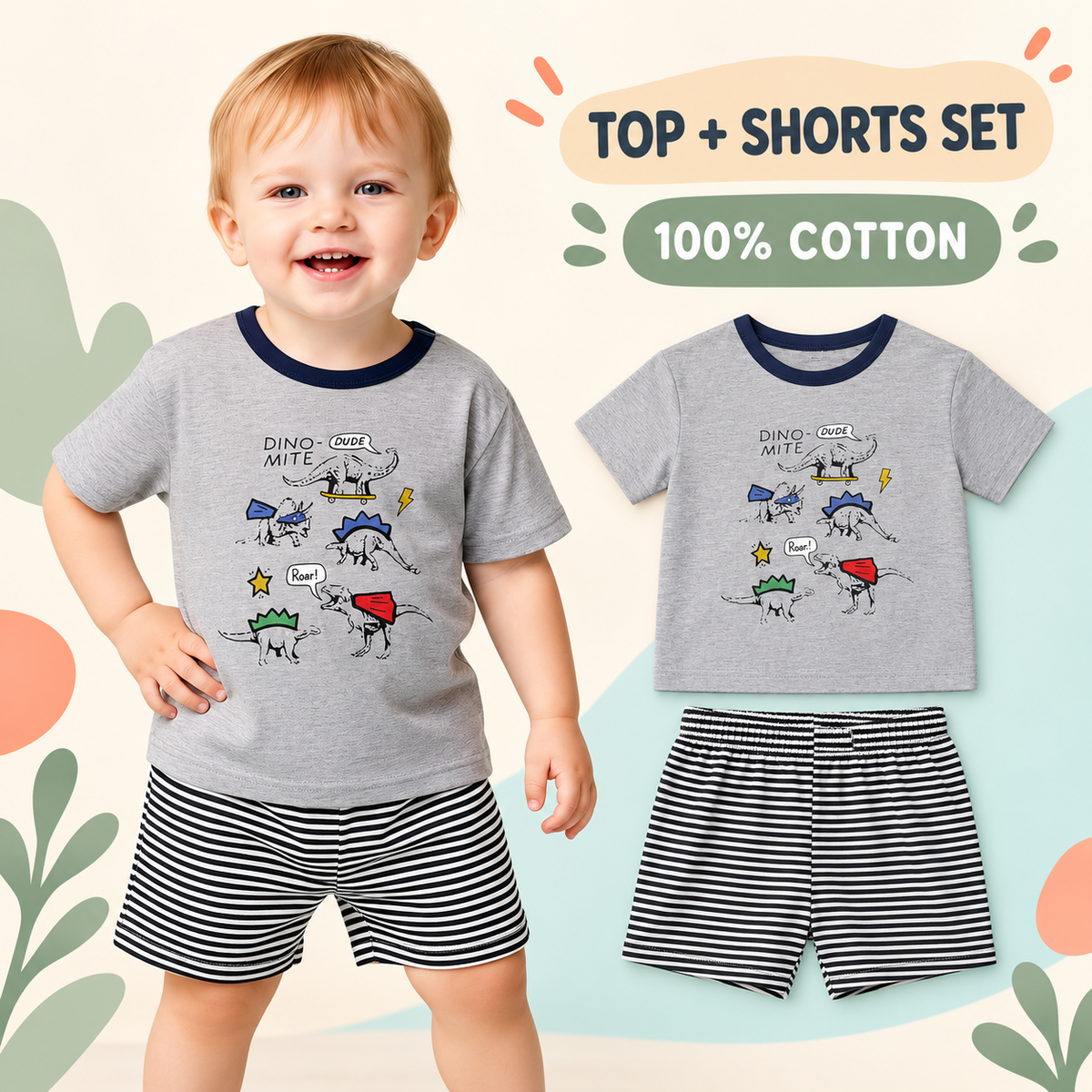 Enhanced review draft: grey dinosaur top and striped shorts two-piece 100% cotton set