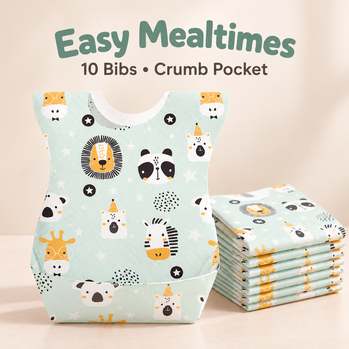 Animals pattern disposable baby bib with crumb pocket, 10 bibs per pack; square review draft