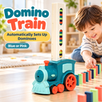 Blue domino train placing a colorful domino trail, with child playing nearby; blue and pink options available