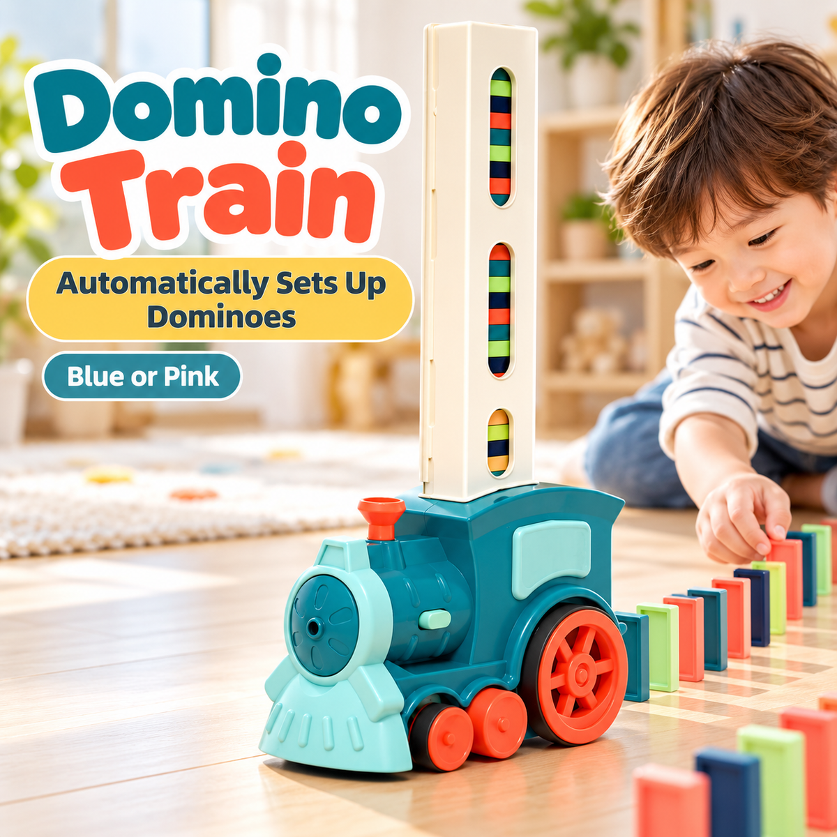 Blue domino train placing a colorful domino trail, with child playing nearby; blue and pink options available