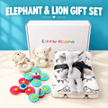 Little Kooma Elephant and Lion newborn gift box with plush blanket, elephant plush, two stuffed rattles and three spinning toys