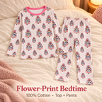 Pink-trim floral print two-piece cotton kids pajama top and pants; square review draft