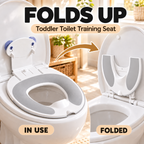 Foldable toddler toilet training seat shown open and correctly folded to U shape