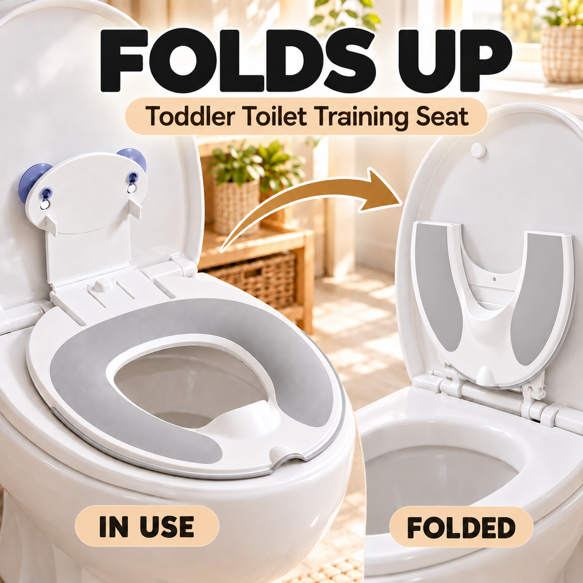 Foldable toddler toilet training seat shown open and correctly folded to U shape