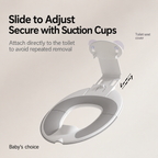 Square toddler toilet seat product image showing adjustable sliding mount with suction cups, with English text