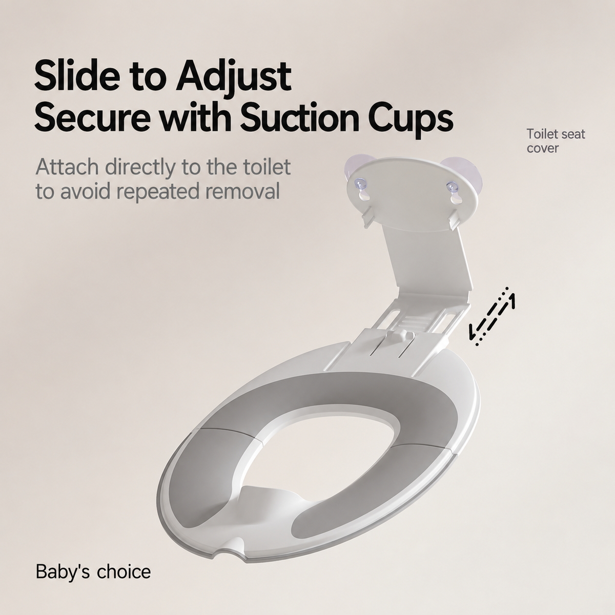 Square toddler toilet seat product image showing adjustable sliding mount with suction cups, with English text
