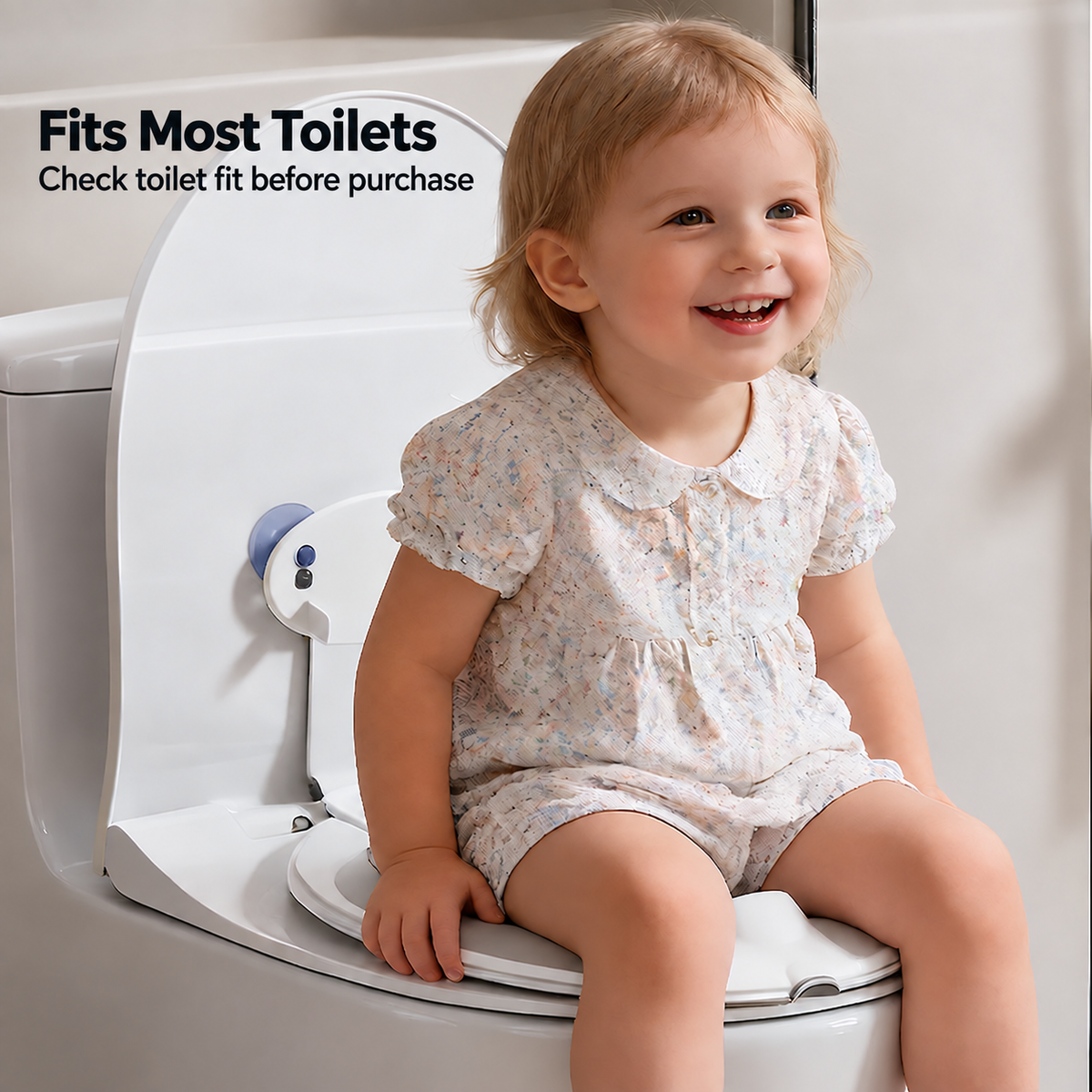 Toddler sitting on a toilet training seat, with Fits Most Toilets and Check toilet fit before purchase text