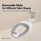 Square product detail image of a toddler toilet training seat with removable slider for different toilet shapes