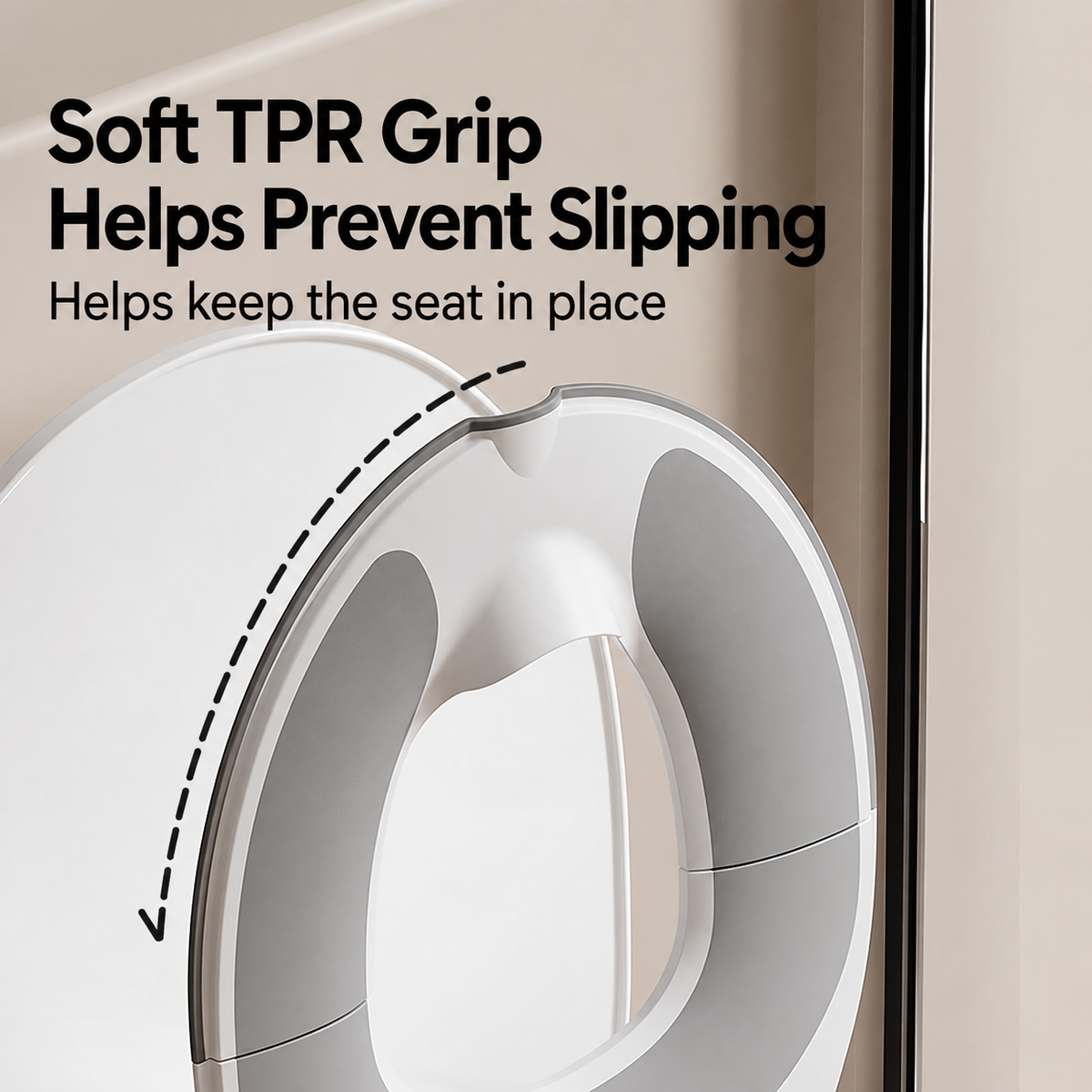 Square product detail image of white and gray toddler toilet training seat with Soft TPR Grip and Helps Prevent Slipping English text