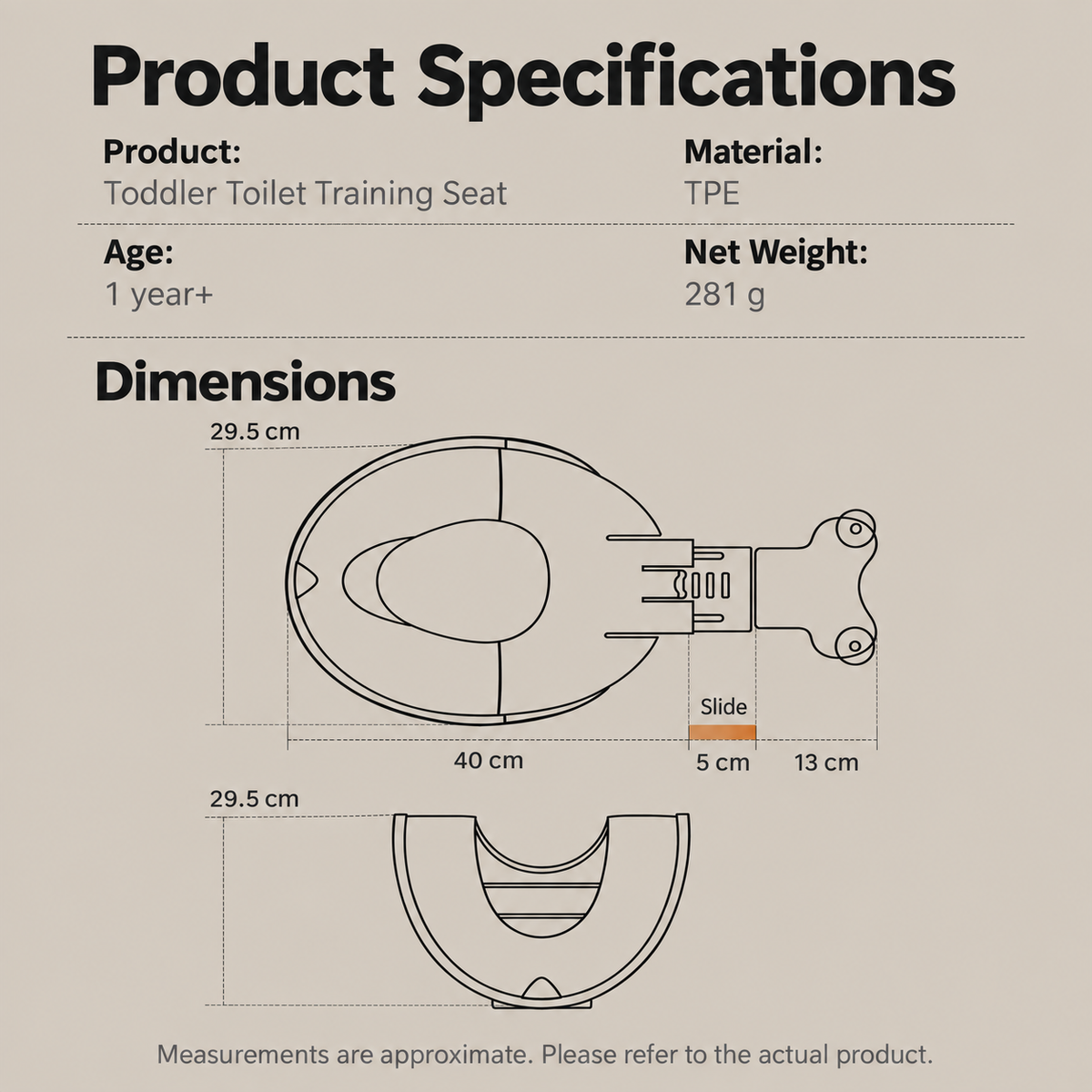 Square English specifications and dimension diagram for foldable toddler toilet training seat, age 1 year plus, 281 grams, dimensions 29.5, 40, 5, and 13 centimeters
