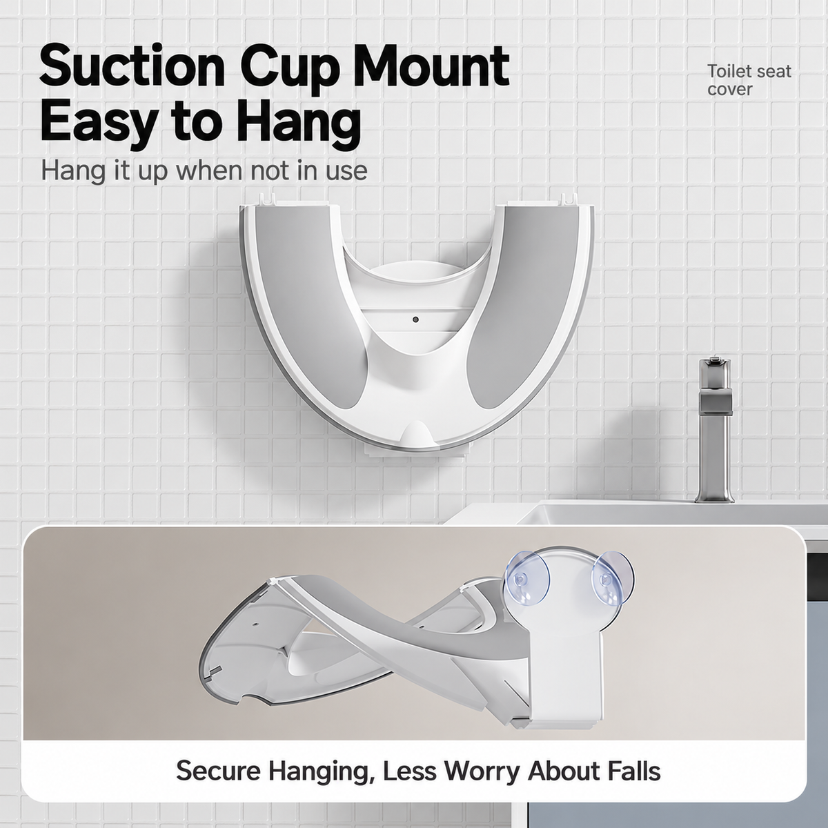 Square English product image showing foldable toddler toilet seat hanging on a tiled wall with suction cup mount detail