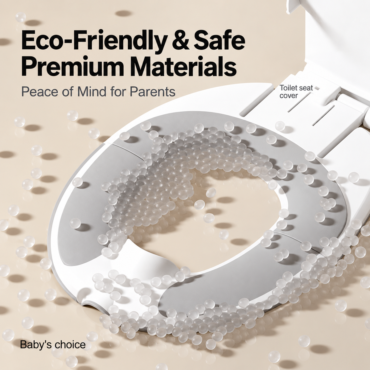 Square image of foldable toddler toilet training seat with English text Eco-Friendly & Safe, Premium Materials, Peace of Mind for Parents