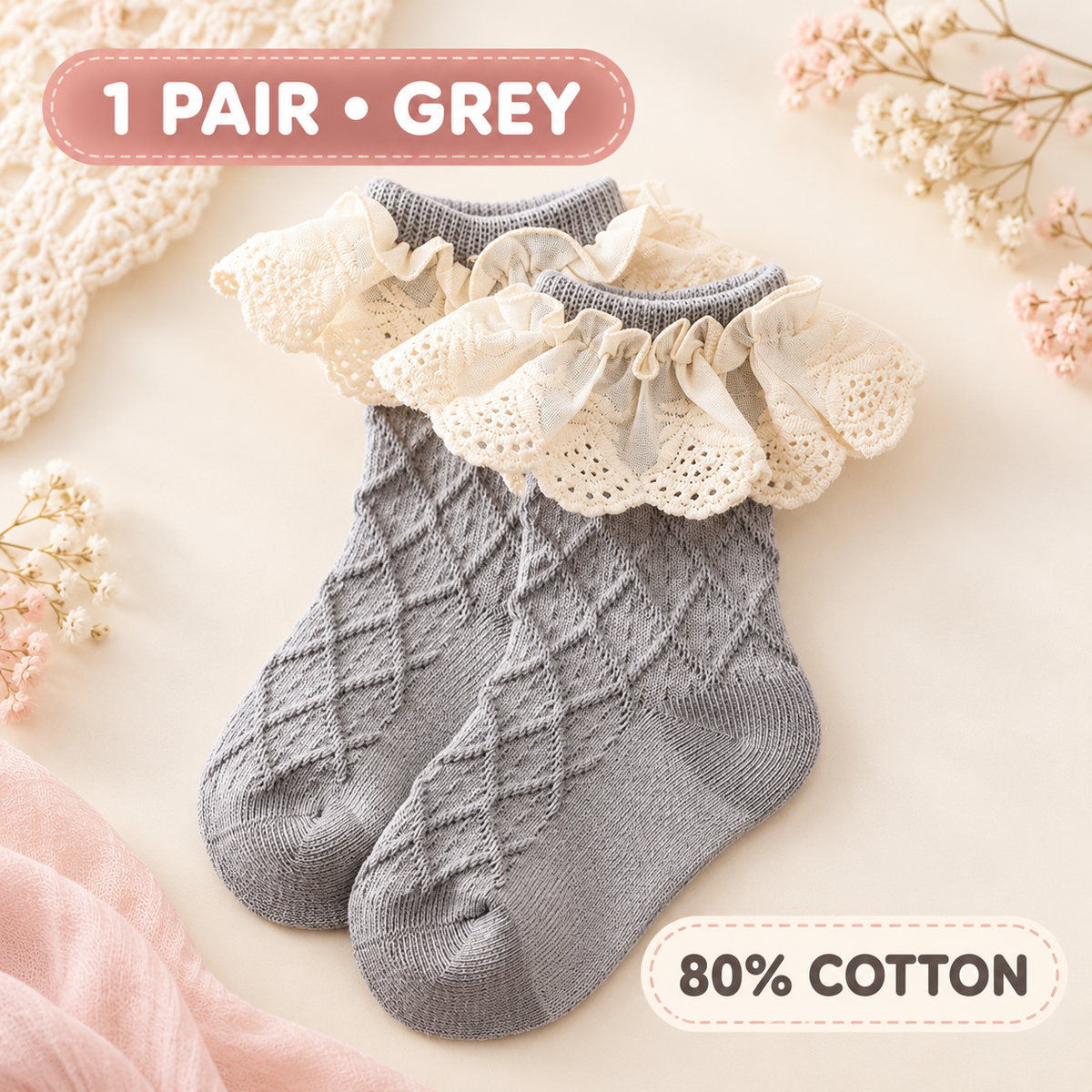Little Kooma grey lace-brim waffle ankle socks, one pair in 80 percent cotton
