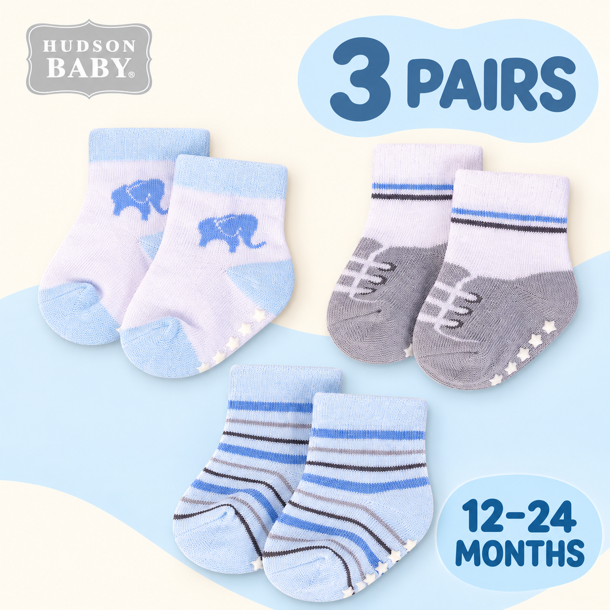 Hudson Baby elephant anti-slip socks three-pair pack enhanced cover