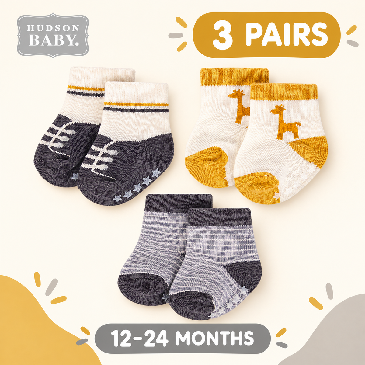 Hudson Baby giraffe anti-slip socks three-pair pack enhanced cover