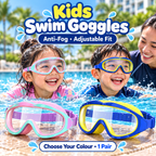 Little Kooma kids swimming goggles shown in selectable pink and mint or blue and yellow colourways; anti-fog wide-view design with adjustable fit, one pair per chosen variant.