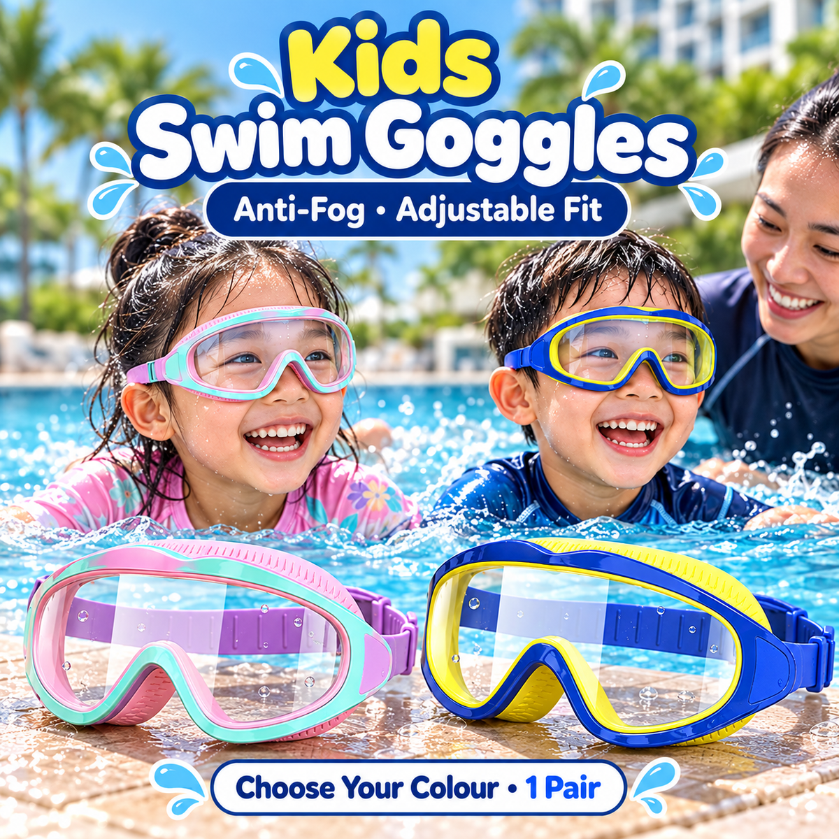 Little Kooma kids swimming goggles shown in selectable pink and mint or blue and yellow colourways; anti-fog wide-view design with adjustable fit, one pair per chosen variant.