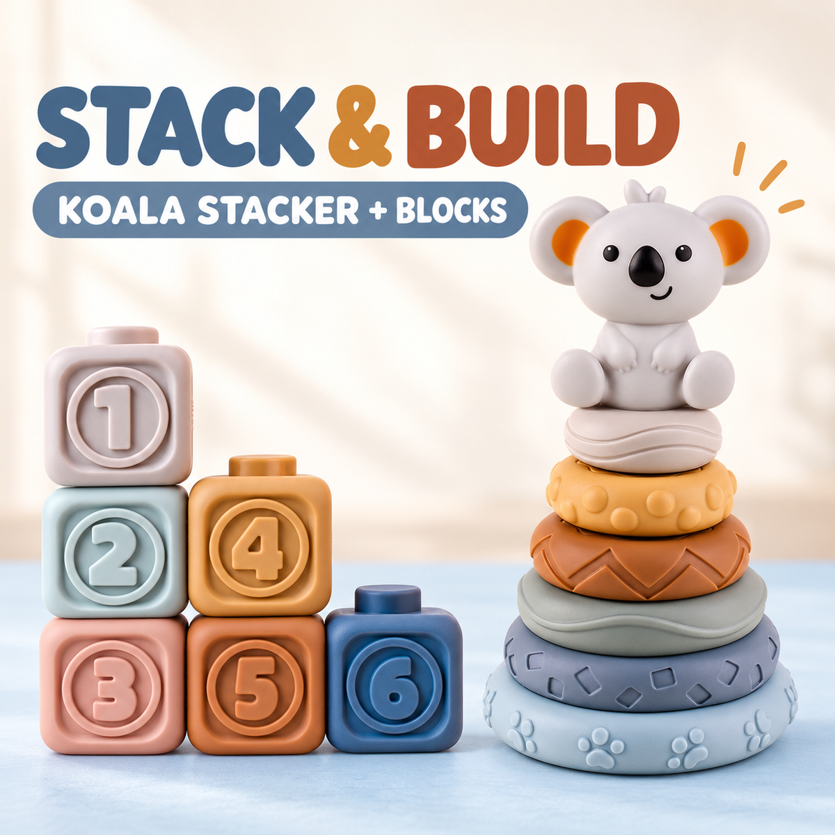Koala stacking toy and six numbered blocks enhanced cover draft for human review