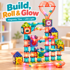 Colorful magnetic ball-run building set with translucent tracks and LED lights; square review draft