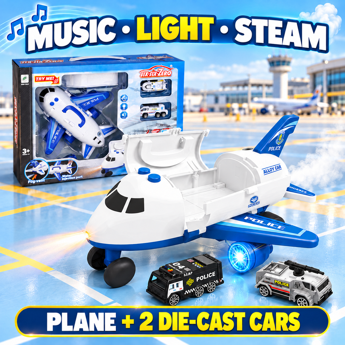 Little Kooma musical toy plane with light, steam and two die-cast cars