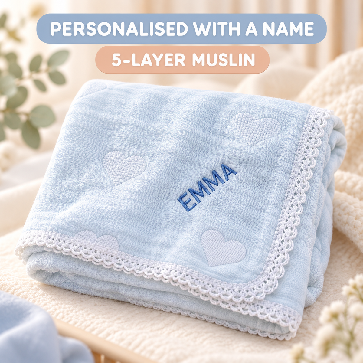 Little Kooma pale blue personalised five-layer muslin blanket with lace trim
